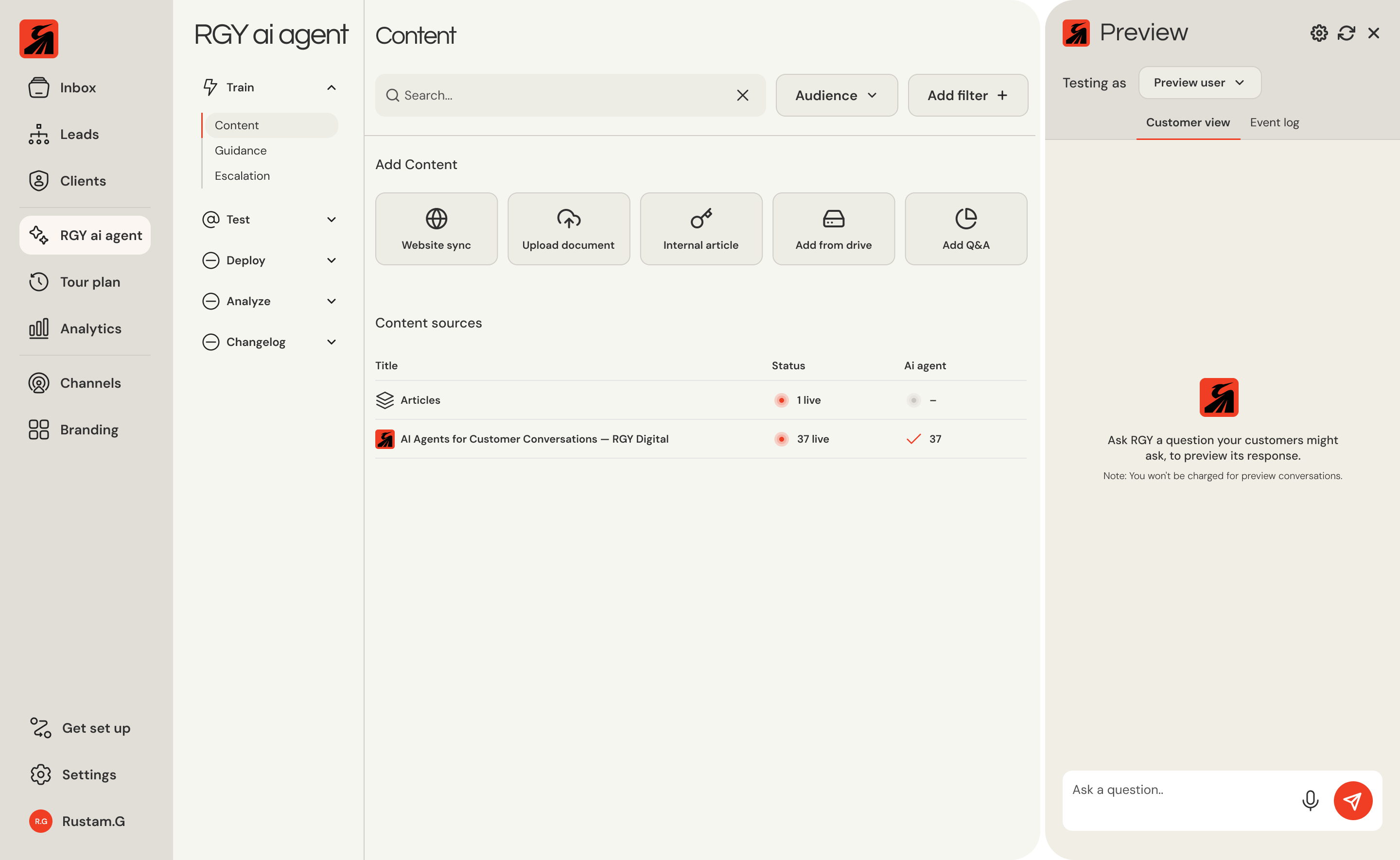 RGY AI knowledge base interface showing uploaded documents the agent uses to answer customers