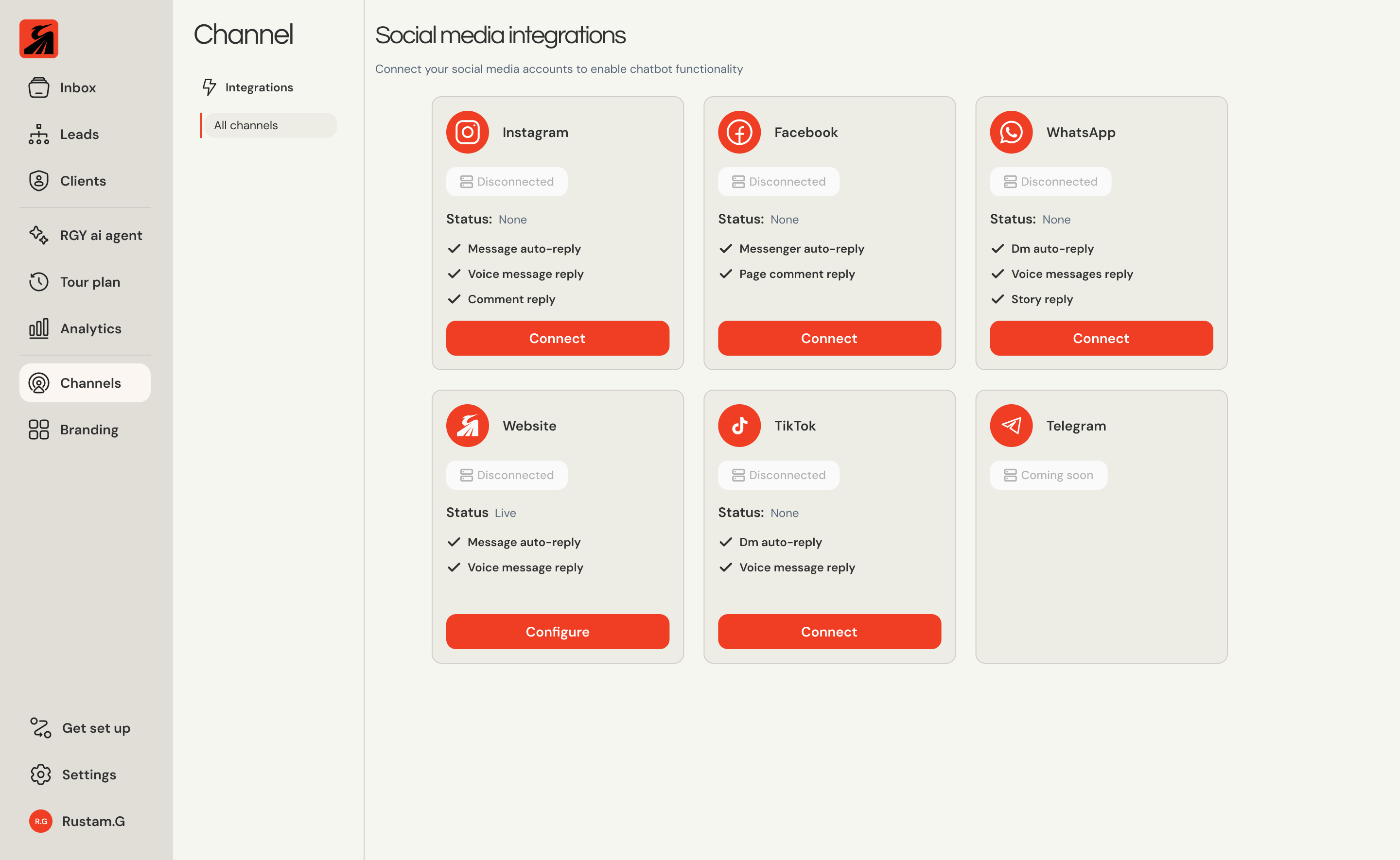 RGY CRM channels page showing Instagram, Facebook, WhatsApp, TikTok, Telegram and website integrations